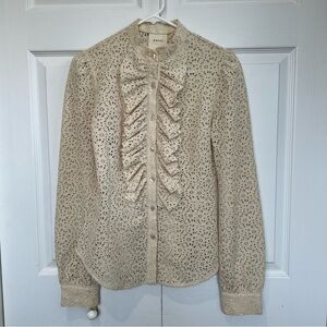 Mason Beige Eyelet Ruffle Tuxedo Blouse Silk Lined Size 8 Like New